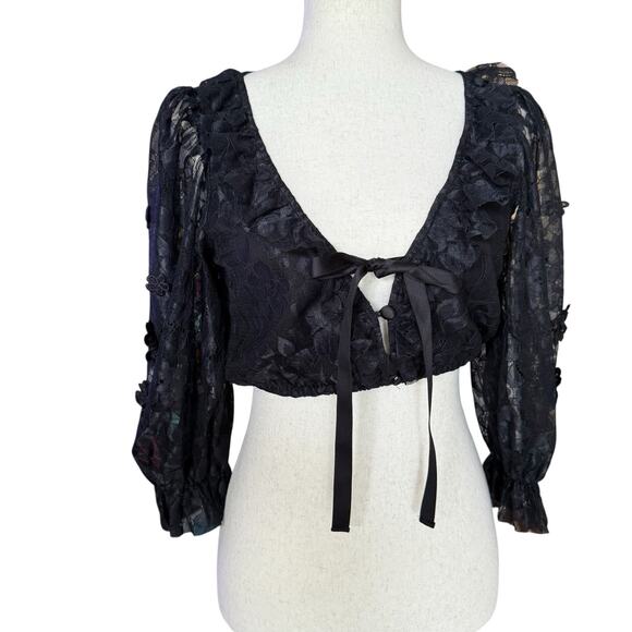 For Love & Lemons Black Floral Lace Puff Sleeve Crop Top Size Small - Picture 1 of 10